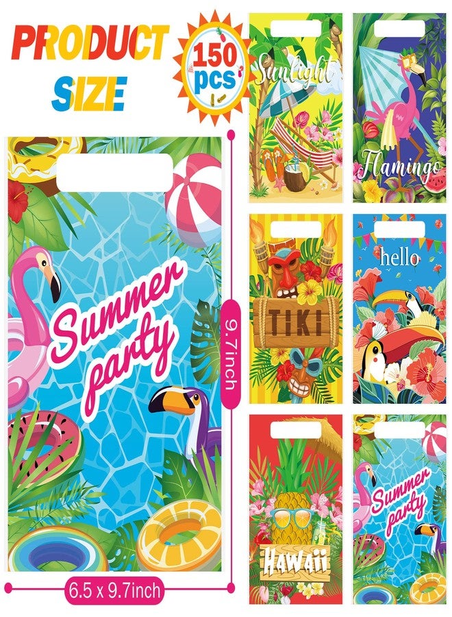 Perthlin 150 Pieces Luau Hawaiian Gift Bags for Kids Summer Tropical Party Favor Hawaiian Goodie Aloha Flamingo Plastic Treat Bags with Handles for Summer Goody Gift Party Supplies, 6 Styles - Image 2